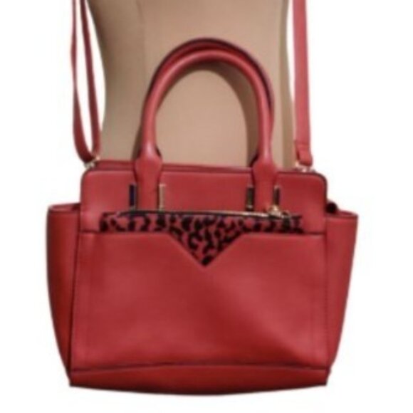 Red Faux Leather Leopard Accent Satchel Crossbody Bag Y2K Maximalist Statement - Picture 1 of 8